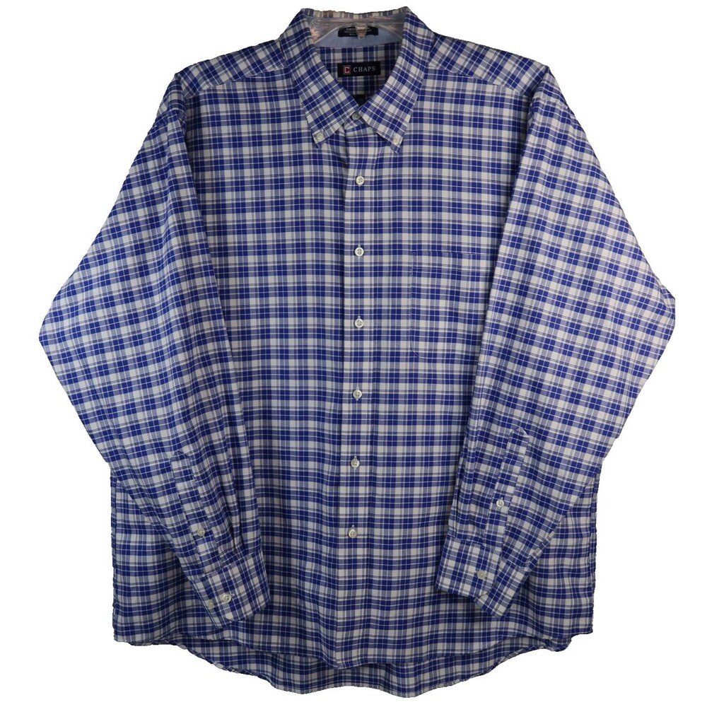 CHAPS Wrinkle Free Button Down Oxford Shirt Men's 2XL Blue Plaid Long Sleeve